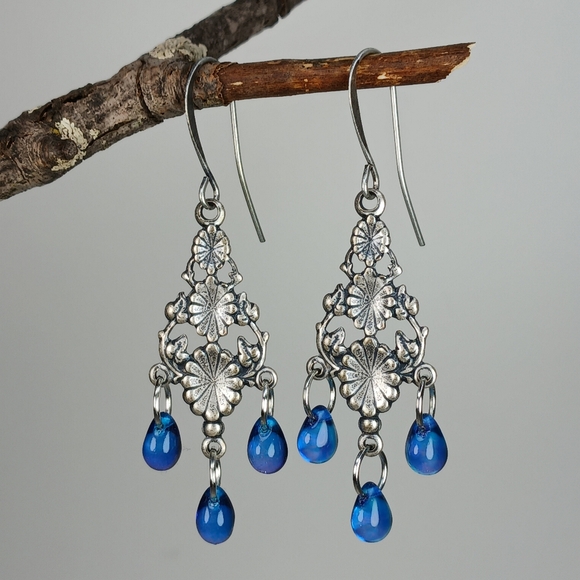 Hand Crafted Jewelry - HAND CRAFTED EARRINGS Cobalt Blue Silver Flower Chandelier Dangle Drop